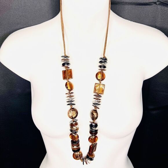 Vintage Chunky Necklace Glass Lucite Cord Beaded Statement Beads Earth Tone 4363 - Picture 1 of 8